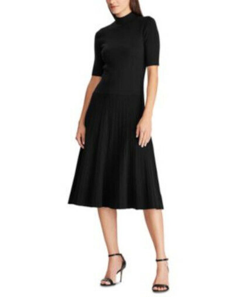 Ralph Lauren Black Ribbed “Jamise” Elbow Dress, Midi, Mockneck, Size Medium